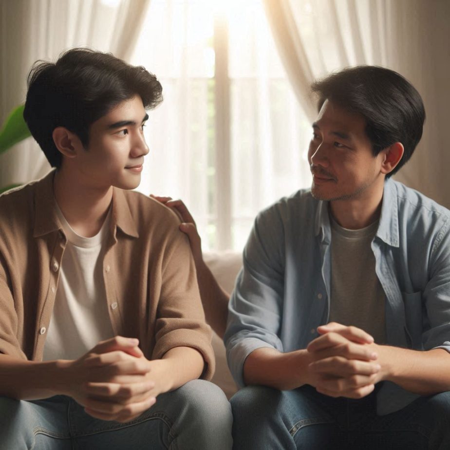 father and son sincerely talking about issues