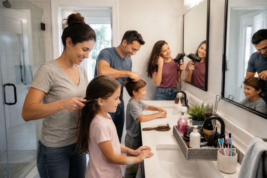 Family morning routine in the bathroom
