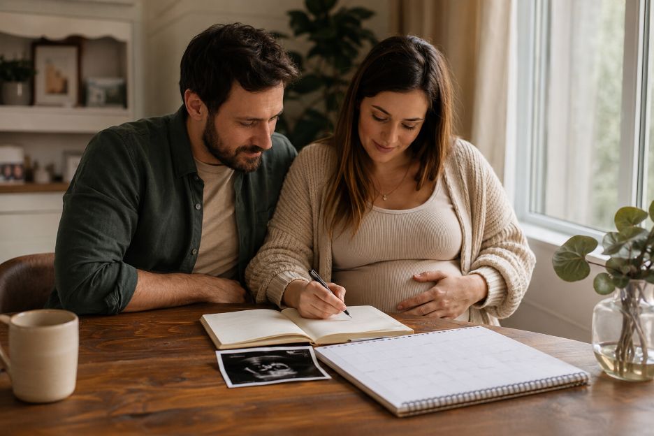 Expectant Couple Reflecting Over Their Pregnancy Journal